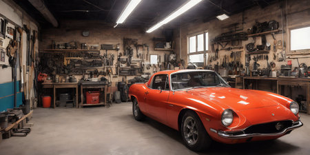 Old car in a garage with tools on the wall. Retro styleの素材