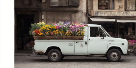 Vintage truck with flowers in the old town of Lviv, Ukraineの素材