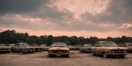 Abandoned cars in the mud with a dramatic sky background.の素材