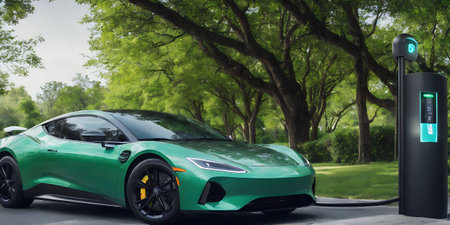 Green electric car charging in a public park. 3D rendering.の素材
