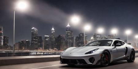 3D rendering of a brand-less generic concept car in the cityの素材