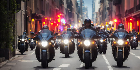 Group of motorcyclists on the road in New York City.の素材