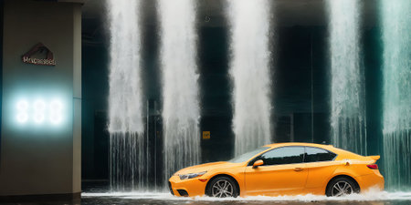 Yellow car with water splashing on the road in the city.の素材