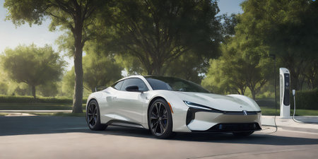 3D rendering of a brand-less generic concept car in a parkの素材