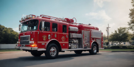 Fire truck in action. Fire engine in action. Firefighters in action.の素材