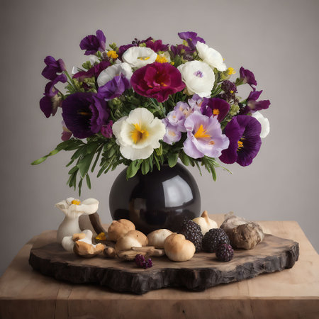 Bouquet of spring flowers in a vase on a wooden tableの素材