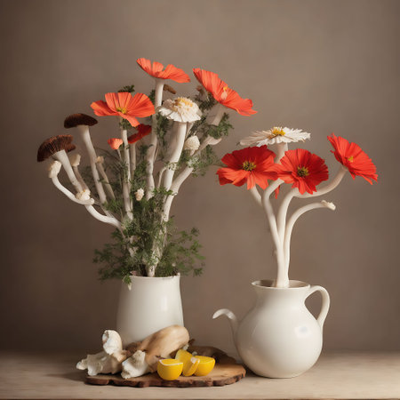 Still life with red flowers in vases on wooden table. Toned.の素材