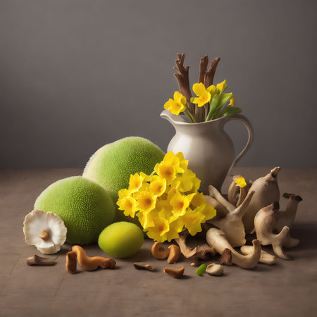 Still life with yellow daffodils, lemons and mushroomsの素材
