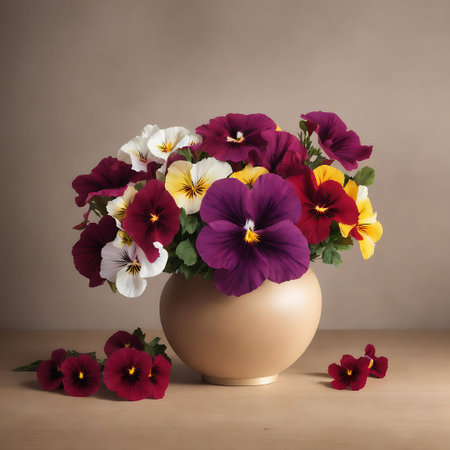 Beautiful pansy flowers in a vase on a wooden tableの素材