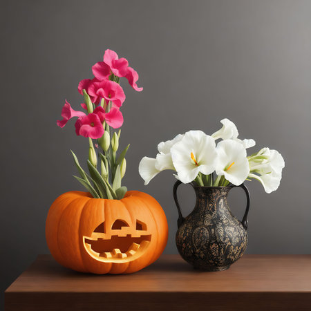 Halloween pumpkin with flowers in vase on wooden table over grey backgroundの素材