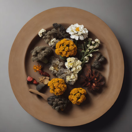 Dry flowers on a plate. Dried flowers, dried herbs on a plate.の素材