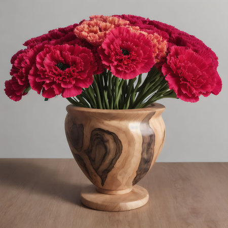 Bouquet of red carnations in a wooden vase.の素材
