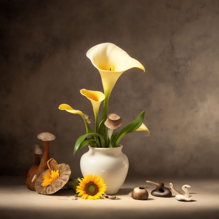 Still life with yellow calla lily in vase on grunge backgroundの素材