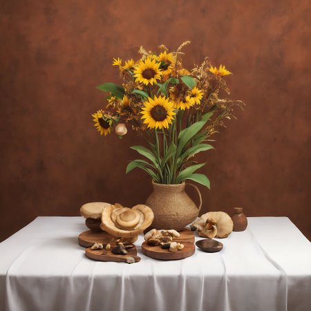 Autumn still life with sunflowers and mushrooms on the tableの素材