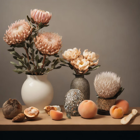 Still life with protea flowers in vases, walnuts and peachesの素材