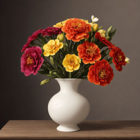 Bouquet of carnation flowers in vase on wooden tableの素材