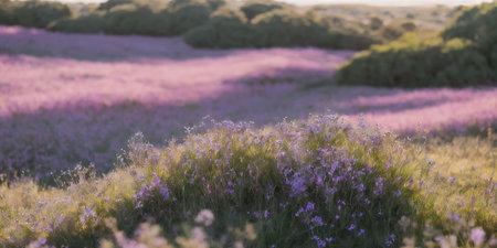 Beautiful purple flowers blooming in the meadow at sunset.の素材