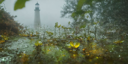 Lighthouse in a foggy forest. Selective focus. Nature.の素材