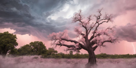 Digital composite of Tree in misty meadow with purple sky backgroundの素材