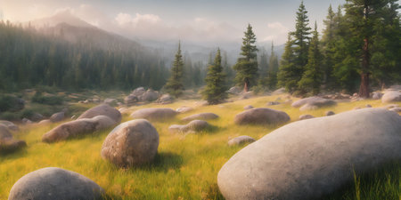 Panoramic view of a meadow in the mountains at sunsetの素材