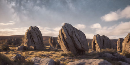 Panoramic view of rock formations in Joshua Tree National Park, Californiaの素材