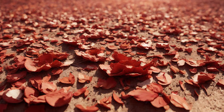 Red rose petals fall on the ground. Shallow depth of field.の素材