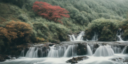 Waterfall on the mountain in autumn season. Beautiful nature background.の素材
