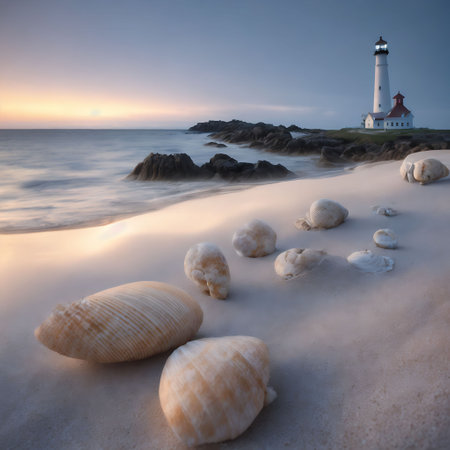 Lighthouse on the beach with sea shells in the foreground at sunriseの素材