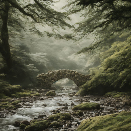 Old stone bridge over a mountain river in the misty forest.の素材