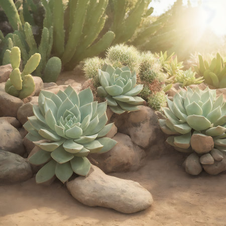 Cactus garden with vintage color tone. Succulent plants backgroundの素材