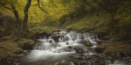 Long exposure of a waterfall flowing through a forest in the English Lake Districtの素材