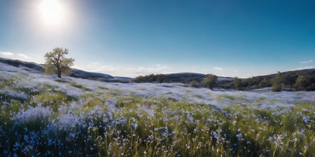 Panoramic view of a meadow with white flowers and a lone treeの素材