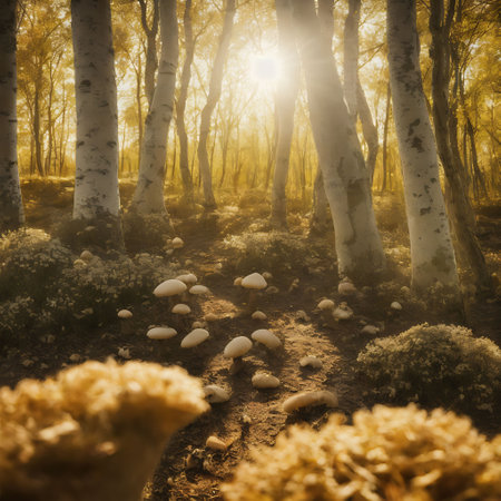 Mysterious forest with mushrooms and sun in a foggy morningの素材