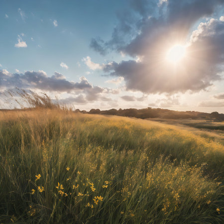 Sunset over the dunes with yellow wildflowers in the foregroundの素材