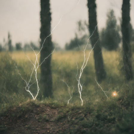 Lightning strike in the field with trees in the background - vintage effect