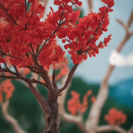 Beautiful red flowers on a tree in the garden. Vintage style.の素材