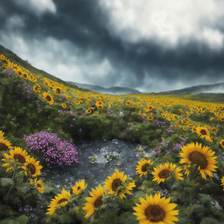 Sunflowers in a field with stormy sky, 3d renderの素材