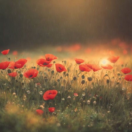 Red poppies in the meadow under the rain. Vintage style.の素材