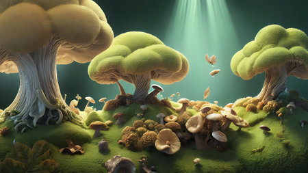 3d illustration of fantasy alien landscape with mushrooms and sunbeamsの素材