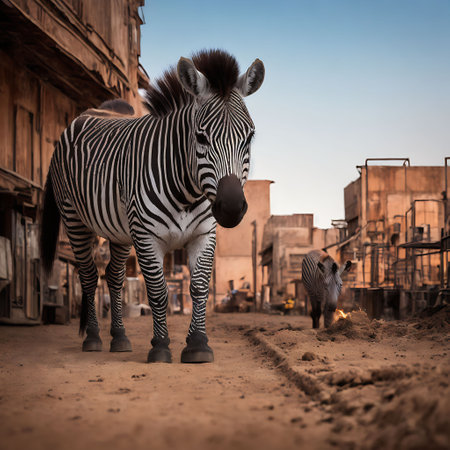 Zebra on the background of an old building in the village.の素材