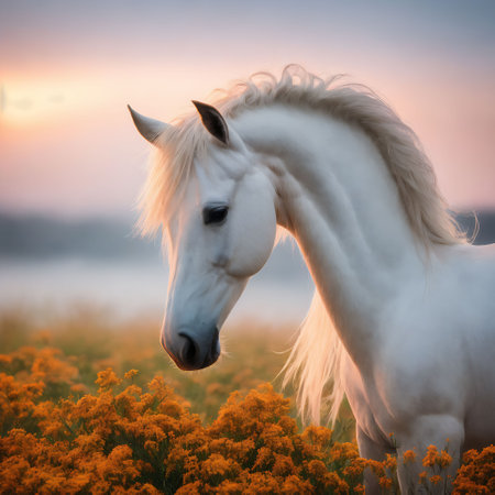 Beautiful white horse with long mane in a field of yellow flowersの素材