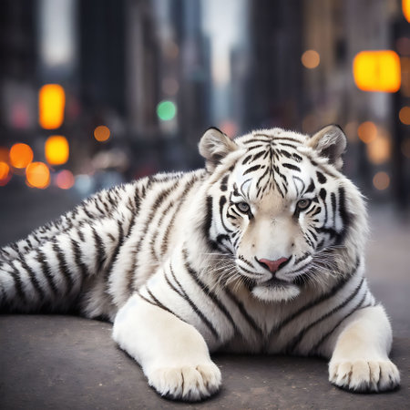 White tiger in the city at night. (Selective focus)の素材
