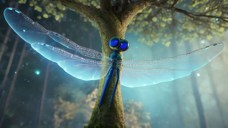 Fantasy dragonfly on a tree in the forest. 3d renderingの素材