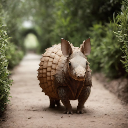 Cute baby rhinoceros walking on the road in the gardenの素材