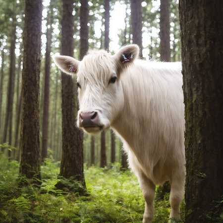 White cow in the forest. Shallow depth of field. Toned.の素材