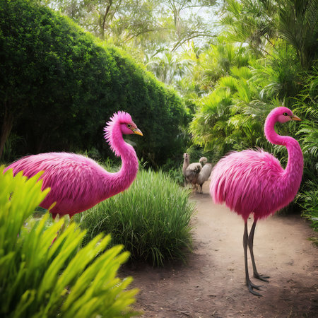 Pink flamingo in the garden of the park. Vintage style.の素材