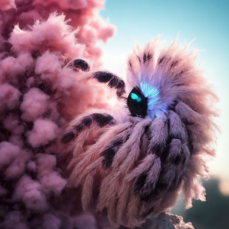 Cute fluffy tarantula with blue eyes on a background of pink smokeの素材