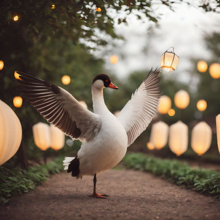 Beautiful seagull in the park with lanterns on backgroundの素材