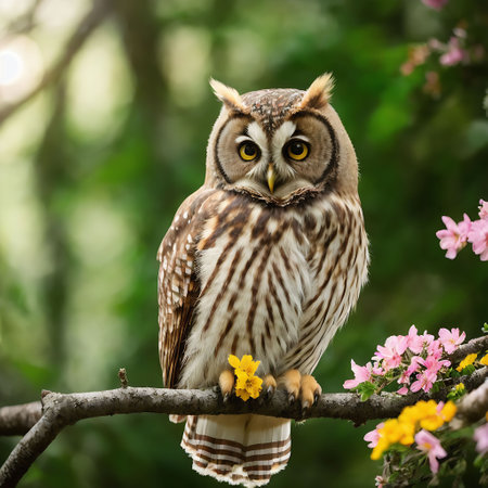 Great horned owl (Strix nebulosa) on a branchの素材