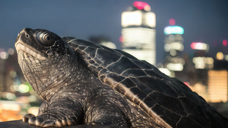 Close up of a sea turtle statue at night in Bangkok, Thailandの素材